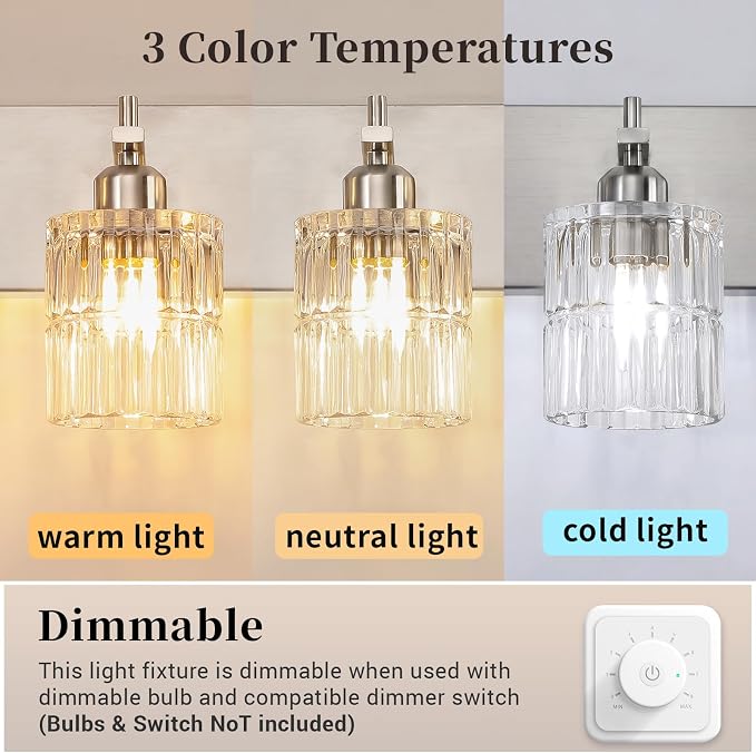OCIOC Brushed Nickel Bathroom Light Fixtures, 3-Lights Bathroom Vanity Light with Glass Shades, Modern Vanity Lights for Mirror, Wall Lights for Living Room, Hallway, Kitchen, E26 Base