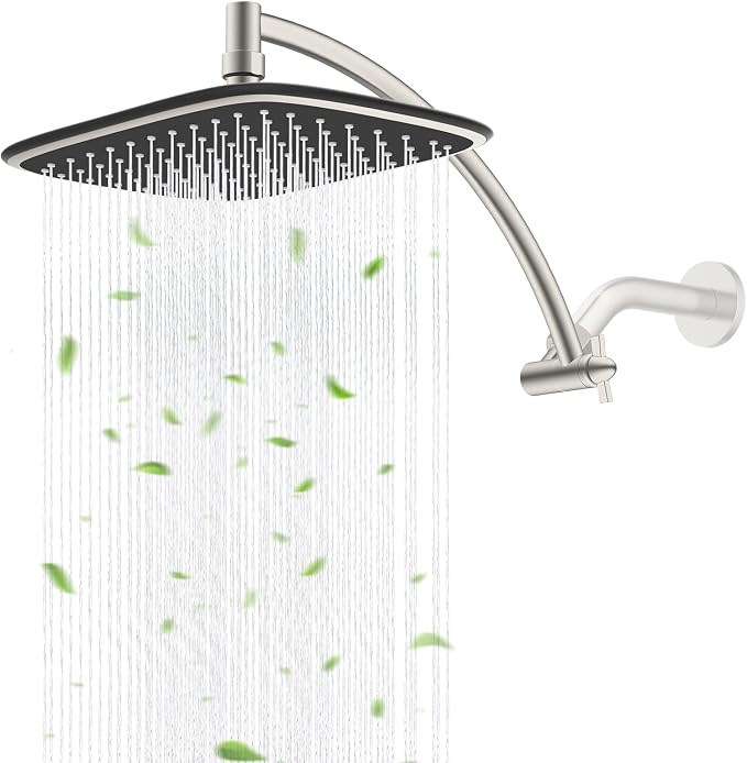 Rain Shower Head with 12" Metal Extension Arm, 10" High-Pressure Showerhead | Brushed Nickel, Boosting Rainfall/Fixed Showerhead, Shower Head Extender Adjustable Height/Angle, 1-Min Easy to Install