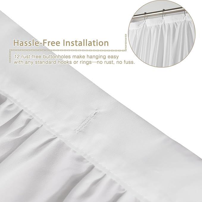 White Floral Ruffle Shower Curtain 72x72 Inches, Elegant Textured Design with Reinforced Stitch Panel, Bathroom Décor with Soft Fabric & Durable Construction, Machine Washable (LQ-41)
