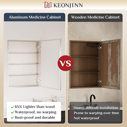 Keonjinn Brushed Nickel Medicine Cabinet Mirror 24" x 32", Assembly Needed, Recessed Medicine Cabinet with Mirror for Bathroom, Beveled Framed, Surface Wall-Mounted or Recessed, Tempered Glass