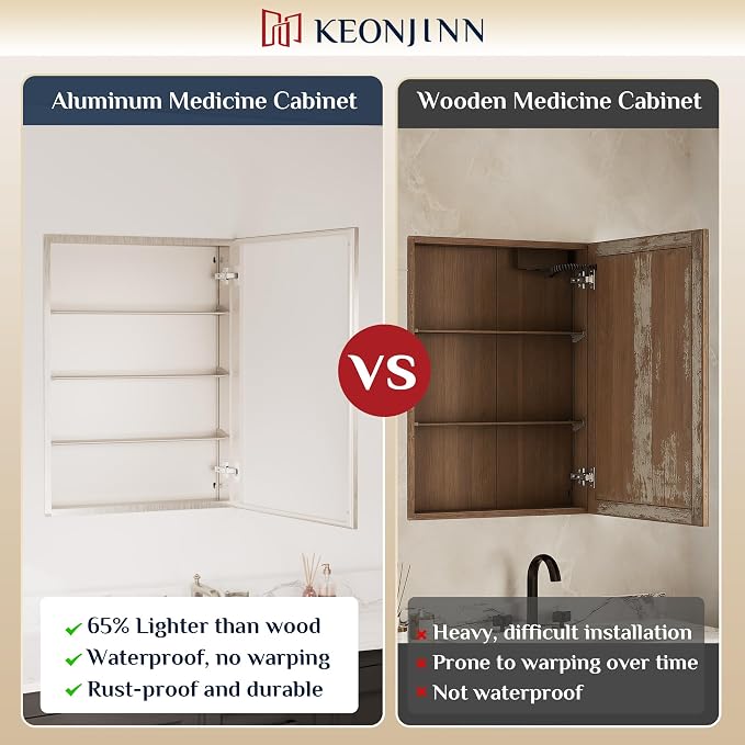 Keonjinn Brushed Nickel Bathroom Medicine Cabinet with Mirror 30 x 26 Inch | Assembly Needed, 2 Door, Adjustable Shelves, Aluminum Rust-Resistant, Surface Mount or Recessed Bathroom Medicine Cabinet