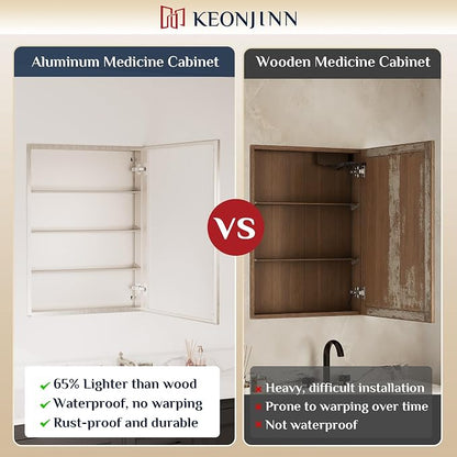 Keonjinn Brushed Nickel Bathroom Medicine Cabinet with Mirror 30 x 26 Inch | Assembly Needed, 2 Door, Adjustable Shelves, Aluminum Rust-Resistant, Surface Mount or Recessed Bathroom Medicine Cabinet