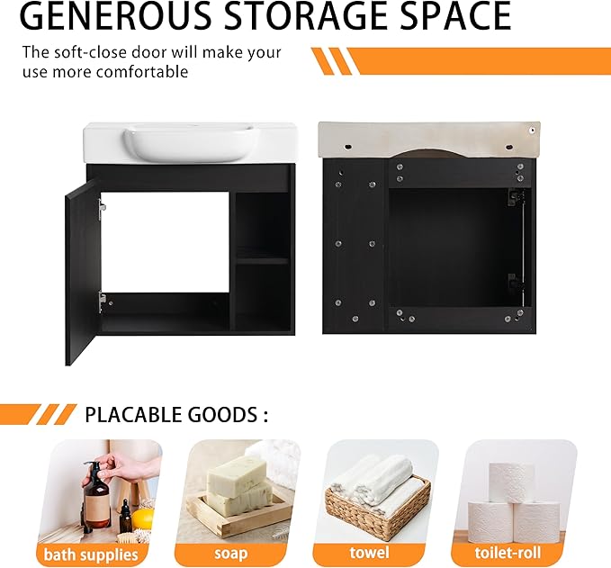 24" Wall-Mounted Bathroom Vanity with Ceramic Sink, 24 inch Floating Single Sink Vanity Cabinet Modern Brown 1-Door Design with Storage Shelf (Space-Saving for Small Bathrooms), Black