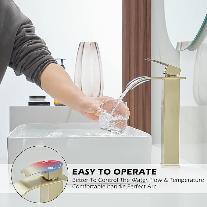 BWE Vessel Sink Faucet Brushed Gold Faucet for Bathroom Sink Tall Waterfall Bathroom Faucet Single Handle One Hole Vanity Sink Faucet with Pop-up Drain