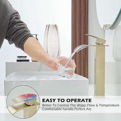 BWE Vessel Sink Faucet Brushed Gold Faucet for Bathroom Sink Tall Waterfall Bathroom Faucet Single Handle One Hole Vanity Sink Faucet with Pop-up Drain
