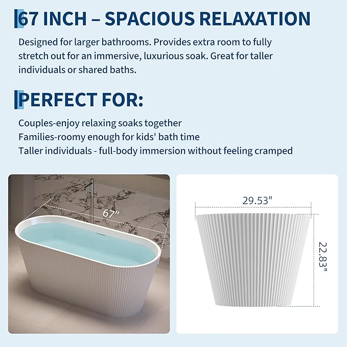 Freestanding Bathtub 67 Inch Acrylic Free Standing Tub – Modern Oval Tapered Design Vertical Ribbed Texture, CUPC Certified, Freestanding Bathtubs for Bathroom Remodel & Home Spa Comfort