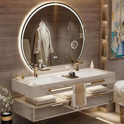 80 Inch Luxury Bathroom Vanity, Floating Bathroom Vanity with Sink and LED Round Smart Defogger Mirror, Multilayer solid wood Spacious Storage Drawer Include Faucet and Drain Fittings,Double Sink