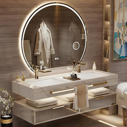 Floating Bathroom Vanity with Sink, Luxury Bathroom Vanity with LED Round Smart Defogger Mirror,Multilayer Solid Wood Spacious Storage Drawer Include Faucet and Drain Fittings,Double Sink(72")