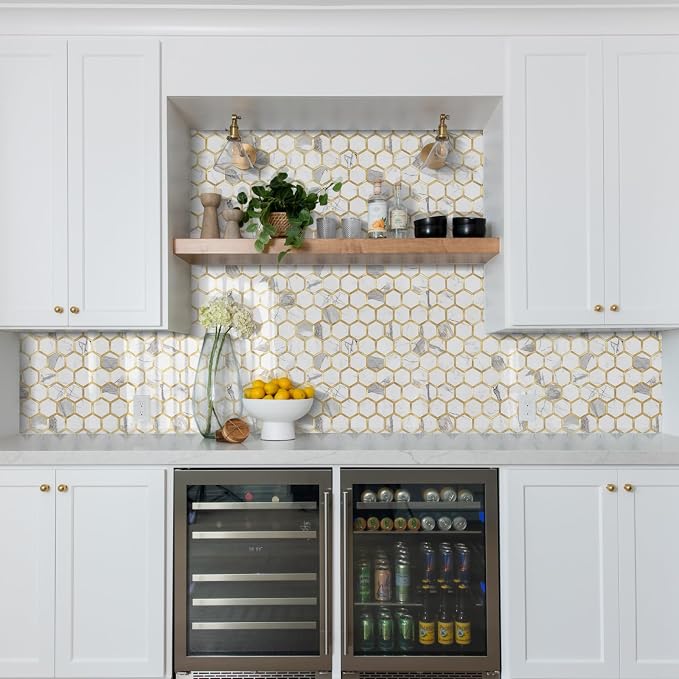 STICKGOO Hexagon Peel and Stick Backsplash Tile, Stick on Backsplash for Kitchen and Bathroom, Glossy Carrara White PVC Mixed Metal Gold Self Adhesive Wall Tiles(10 Sheets, Seamless)
