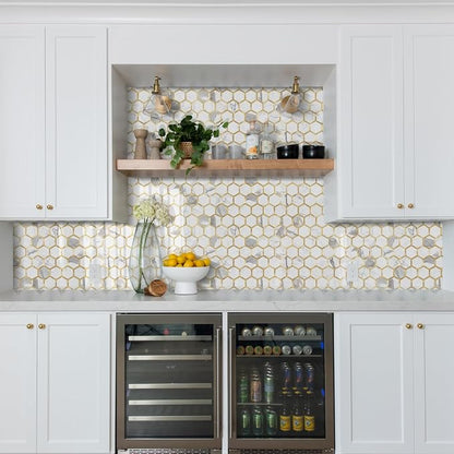 STICKGOO Hexagon Peel and Stick Backsplash Tile, Stick on Backsplash for Kitchen and Bathroom, Glossy Carrara White PVC Mixed Metal Gold Self Adhesive Wall Tiles(10 Sheets, Seamless)