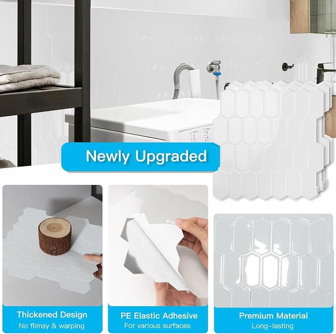 Art3d Hexagon Tile Peel and Stick Backsplash, 10-Pack, 12 x 12 Inch, White | Superior Thickness, Reliable Adhesion, Warp Resistant, Minimalist Style, Easy to Install, for Kitchen Countertops, Bedroom