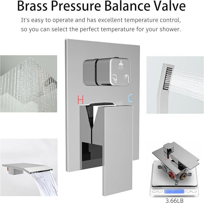 Chrome High Pressure Shower System Set with Tub Spout,10 inch | Safe Pressure Balance Valve Bathroom Shower Faucet Set with Handheld, All-Metal Water Saving Rainfall Shower Trim Kit