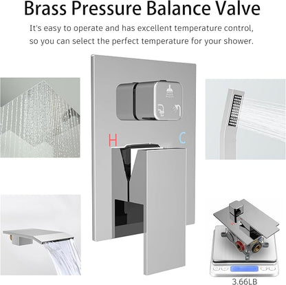 Chrome High Pressure Shower System Set with Tub Spout,10 inch | Safe Pressure Balance Valve Bathroom Shower Faucet Set with Handheld, All-Metal Water Saving Rainfall Shower Trim Kit