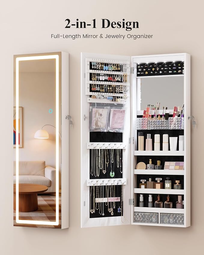 LVSOMT 42.5" Wall Mounted Jewelry Organizer with LED Mirror, White | Lockable Jewelry Cabinet for 30 Ring Slots, 96 Earring and 20 Necklace Hooks, Gift for Women, Girls
