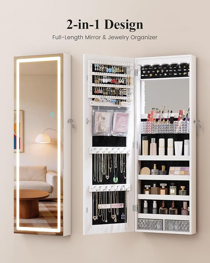LVSOMT 42.5" Wall Mounted Jewelry Organizer with LED Mirror, White | Lockable Jewelry Cabinet for 30 Ring Slots, 96 Earring and 20 Necklace Hooks, Gift for Women, Girls