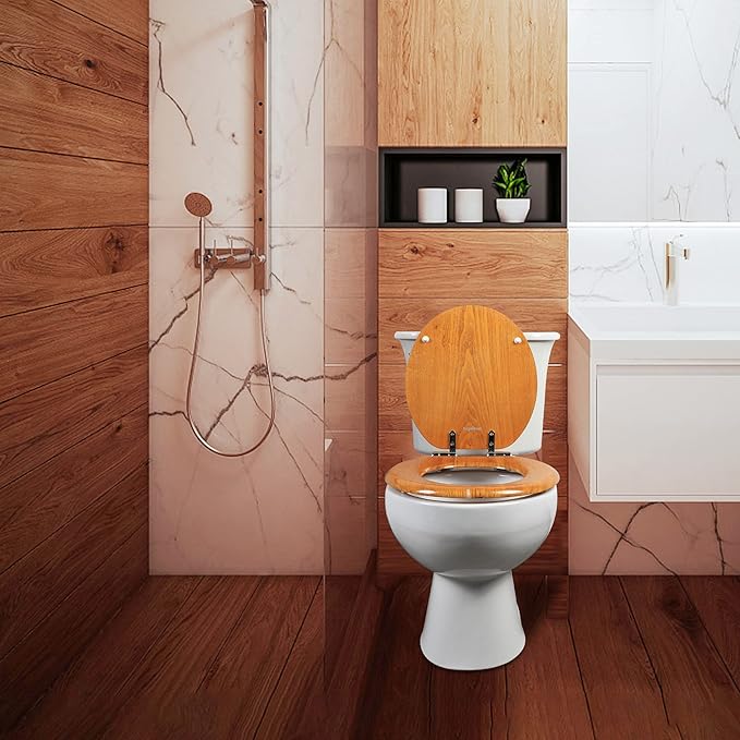 Angel Shield Durable Wood Veneer Natural Toilet Seat Metal Hinged Easy Clean Anti-scratch American Standard(Round,Wood Color)