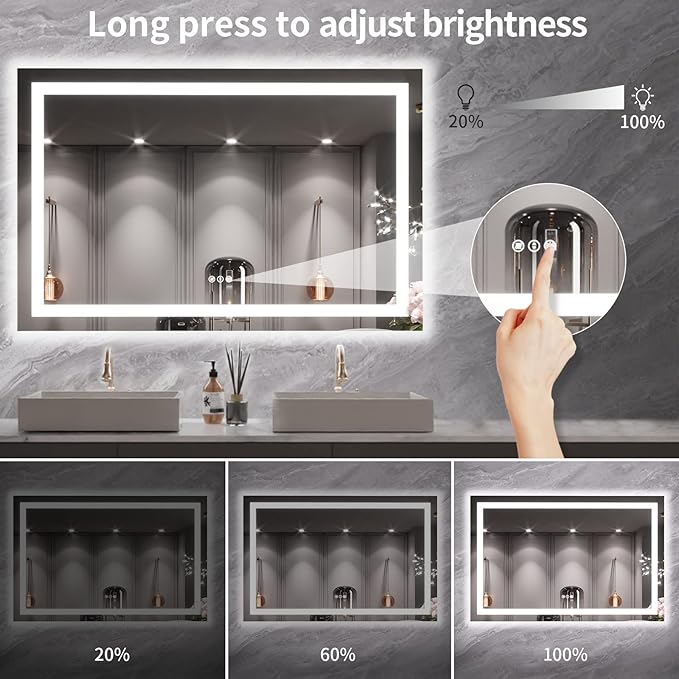 LOAAO 55X36 LED Bathroom Mirror with Lights, Anti-Fog, Dimmable, Backlit + Front Lit, Lighted Bathroom Vanity Mirror for Wall, Memory Function, Tempered Glass, ETL Listed | Anti-Fog, Dimmable, 3 Color Temperature, Backlit + Front Lit, Memory Function, ...