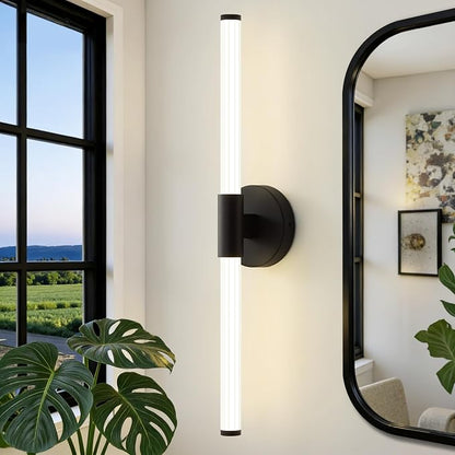 LED Bathroom Vanity Lights Black Modern Wall Sconce 24" | 360° Bright Lighting, Dimmable Vanity Light Bar, Hardwired Wall Lights 4000K Natural White for Mirror