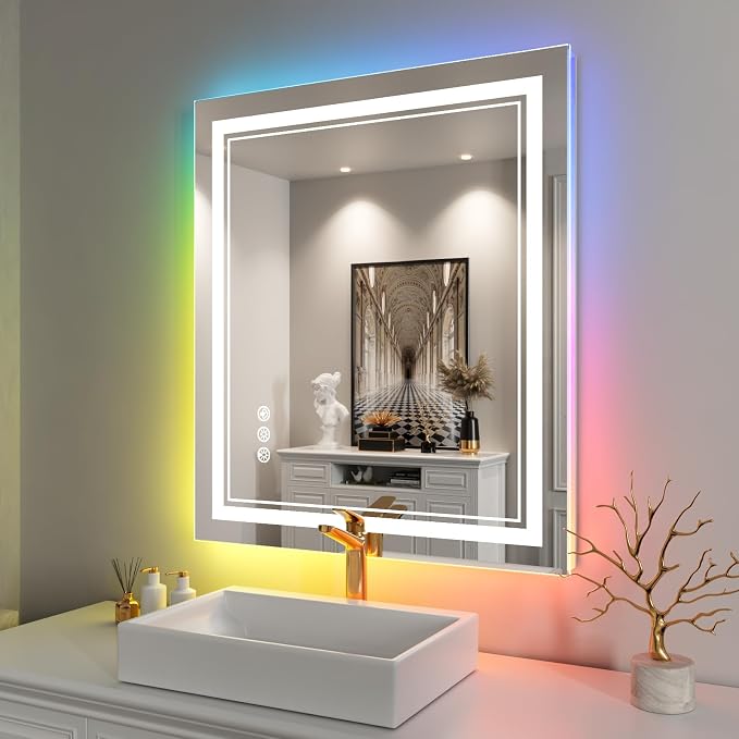 28x32 Inch RGB LED Bathroom Mirror with Lights | Front and RGB Backlit, Dimmable, Memory, Anti Fog, Shatterproof, Horizontal/Vertical, Lighted Mirrors for Bathroom Wall