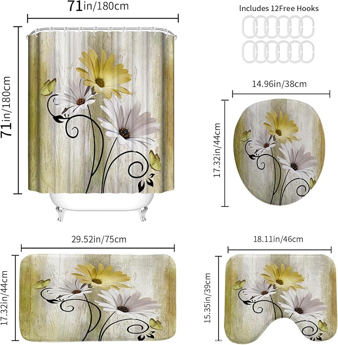 Onalasyc 4PCS Yellow Daisy Bathroom Sets with Shower Curtain and Rugs | Country Floral Butterfly Shower Curtain Set,Modern Bathroom Decor Shower Curtains Set with Rugs Toilet Lid Cover and 12 Hooks