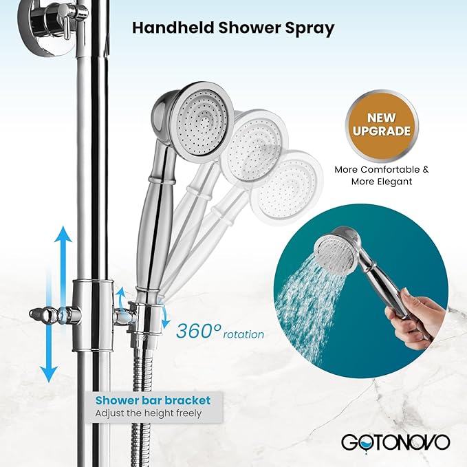 gotonovo Exposed Bathroom Shower Faucet Set Shower Fixture 8 Inch Rainfall Shower Head Handheld Shower Cross Handle Wall Mount 2 Functions Polished Chrome