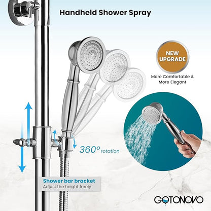 gotonovo Exposed Bathroom Shower Faucet Set Shower Fixture 8 Inch Rainfall Shower Head Handheld Shower Cross Handle Wall Mount 2 Functions Polished Chrome