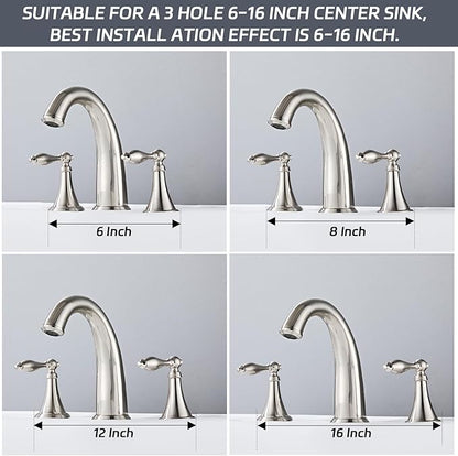Bathroom Faucet Widespread 3 Hole, 6–16 Inch Vanity Sink Faucet with 2 Handles, Drip-Free Ceramic Disc Valve, Solid Brass, Push Pop-Up Drain Assembly Included