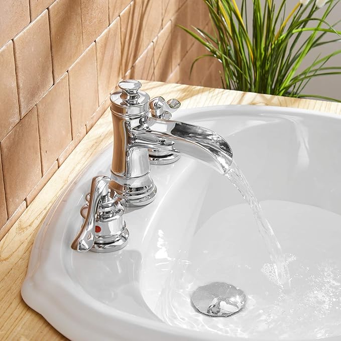 BWE 8 Inch Widespread Bathroom Faucet Chrome with Pop Up Drain and Supply Hose Two-Handle 3 Holes Waterfall Bathroom Sink Faucet Lavatory Mixer Tap