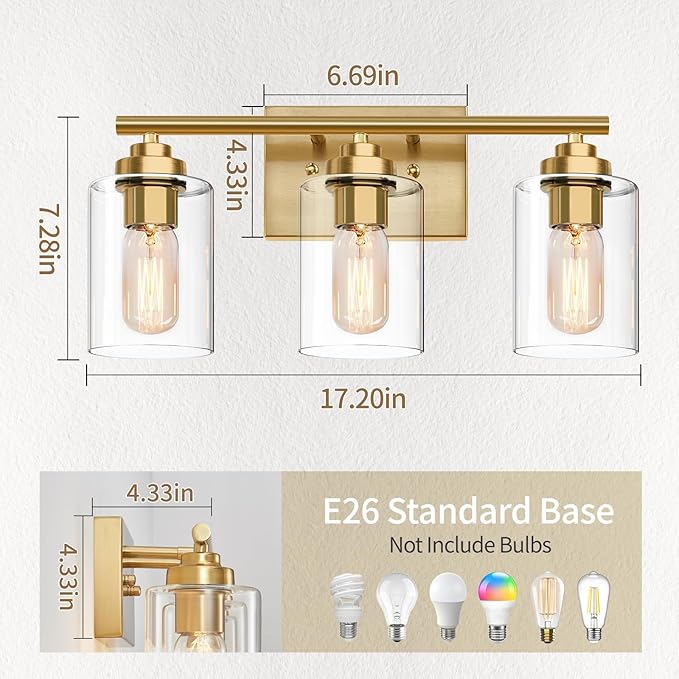 Bathroom Vanity Light Over Mirror,Bathroom Light Fixture Wall Sconce Lighting for Bedroom,Living Room (Gold, 3-Light)