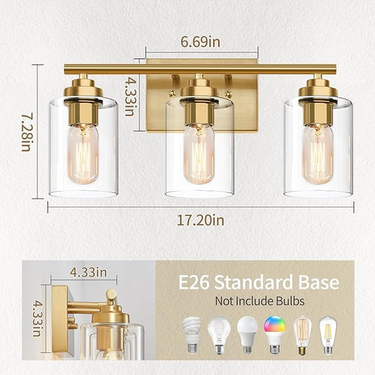 Bathroom Vanity Light Over Mirror,Bathroom Light Fixture Wall Sconce Lighting for Bedroom,Living Room (Gold, 3-Light)