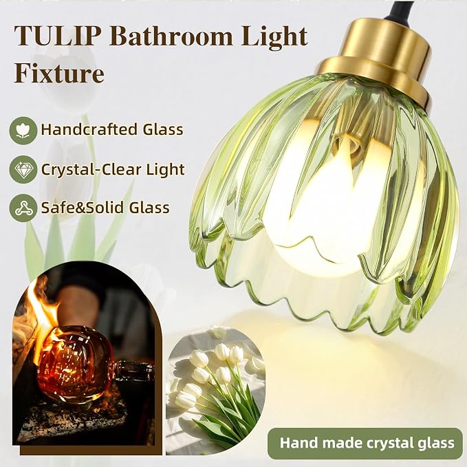 3-Light Bathroom Vanity Light, Black Vanity Light, Vintage Black Finish Wall Mount Sconces with Tulip Glass Shade, Mid Century Hardwired Wall Sconces for Bedroom, Living Room, Hallway