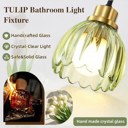 3-Light Bathroom Vanity Light, Black Vanity Light, Vintage Black Finish Wall Mount Sconces with Tulip Glass Shade, Mid Century Hardwired Wall Sconces for Bedroom, Living Room, Hallway