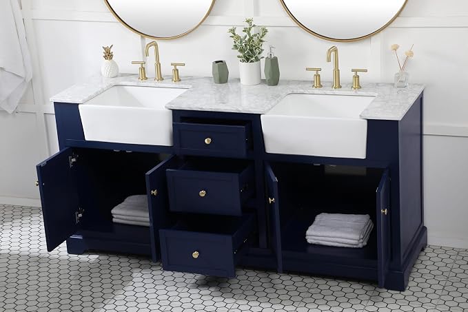 72" Pre-Assembled Bathroom Vanity with Sink, Solid Birch and MDF, Carrara White Marble Countertop Attached, Double Rectangle Porcelain Sink, 3 Soft-Close Drawers, Blue