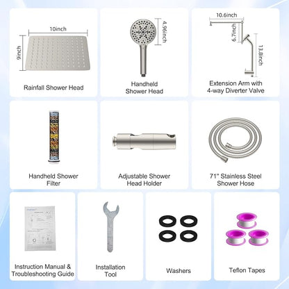Metal 10" Rain Shower Head with Handheld, 10-Mode with Filter, Easy Reach | Brushed Nickel, High-Pressure Rainfall Showerhead, 4-Way Diverter Pause Mode, Adjustable 16" Extension Arm/71" Hose/Holder