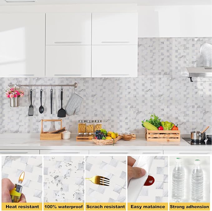 Yipscazo Peel and Stick Backsplash Tile, Stick on Stainless Steel Backsplash Metal Tiles for Kitchen Walls in Marble White Mixed Metal (12''x12'',20 Sheets)