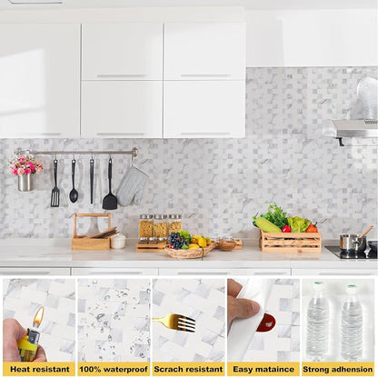 Yipscazo Peel and Stick Backsplash Tile, Stick on Stainless Steel Backsplash Metal Tiles for Kitchen Walls in Marble White Mixed Metal (12''x12'',20 Sheets)