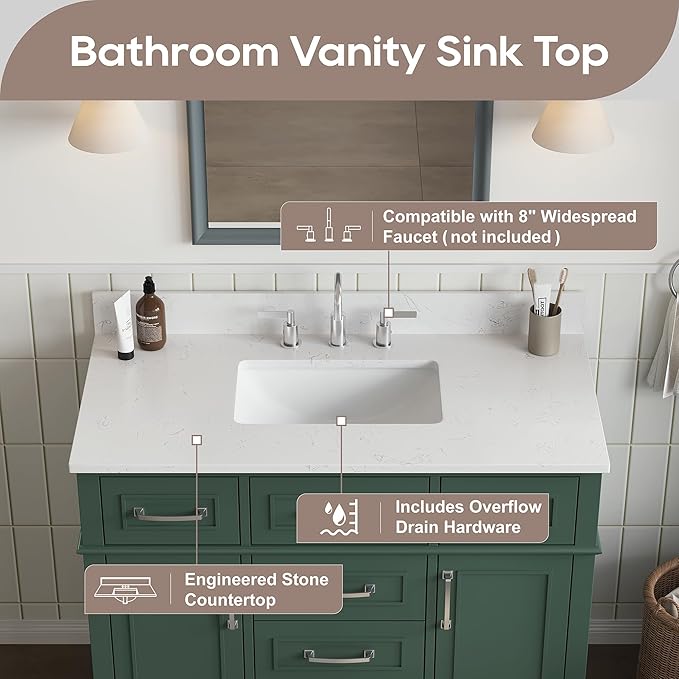 42 Inch Green Bathroom Vanity with Sink, Fully Assembled Bathroom Vanities with Soft Closing Doors & Dovetail Drawers, Solid Wood Vanity with Sink, 42 Inch Vanity for Bathroom