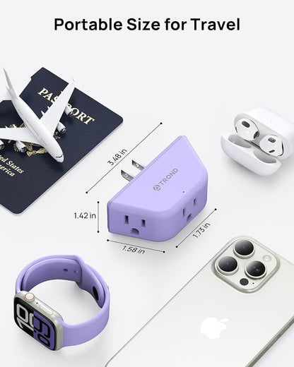 TROND Purple Outlet Extender with 3 Way Angled, for Tight Spaces | 3-Prong Grounded Outlet Adapter, Cruise Ship Essentials, Compact and Practical, for Bathroom and Kitchen