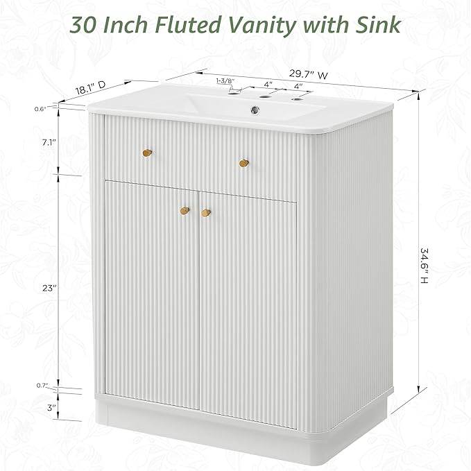 T4TREAM 30 Inch Bathroom Vanity with Sink, Modern Fluted Single Bathroom Vanity with Sink with Storage Cabinet, Adjustable Shelf, Solid White