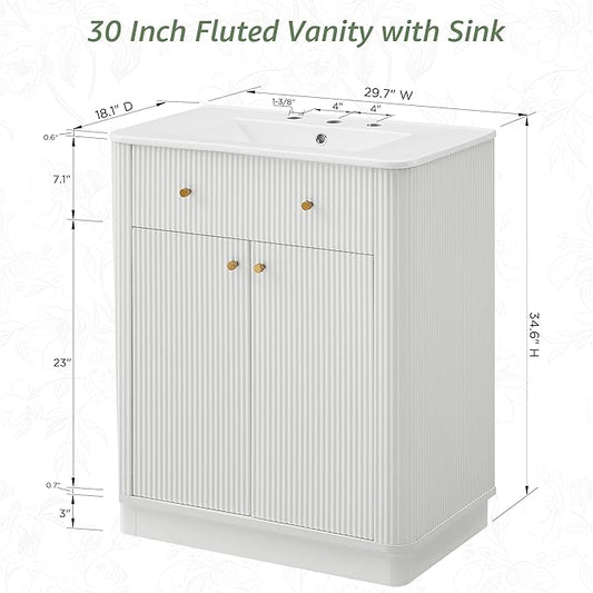 T4TREAM 30 Inch Bathroom Vanity with Sink, Modern Fluted Single Bathroom Vanity with Sink with Storage Cabinet, Adjustable Shelf, Solid White