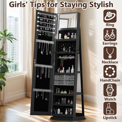 360° Swivel Jewelry Armoire with Full-Length Mirror, Lockable Standing Jewelry Cabinet Organizer w/ Inside Makeup Mirror, Back Storage Shelves for Bedroom, Cloakroom, Living Room (Antique Black1)