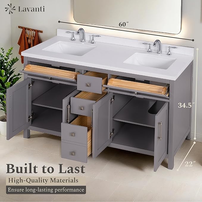 Lavanti Oakford 60 Inch Bathroom Vanity with Sink – Stylish Gray Vanity Bathroom with Storage Cabinet – Modern Bathroom Vanities with Double Vanity Sink & Quartz Countertop