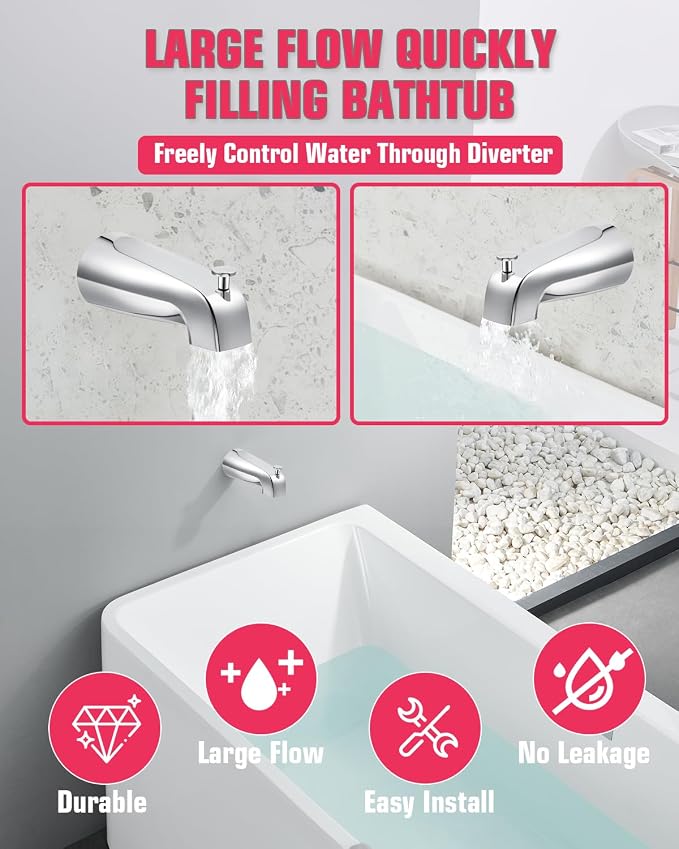 Tub Spout with Diverter, Slip On Bathtub Spout Fits 1/2'' Copper Tube(5/8'' Dia), Bathroom Tub Faucet with PTFE Tape & Hex Wrench, Chrome
