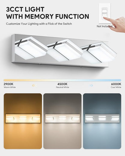 VONLUCE LED Modern Bathroom Vanity Light Fixture, Chrome | 18'', 3-Light, 3CCT, 360° Rotate, High CRI, Flicker-free, Dimmable, Memory Function, Waterproof IP44, Easy Installation