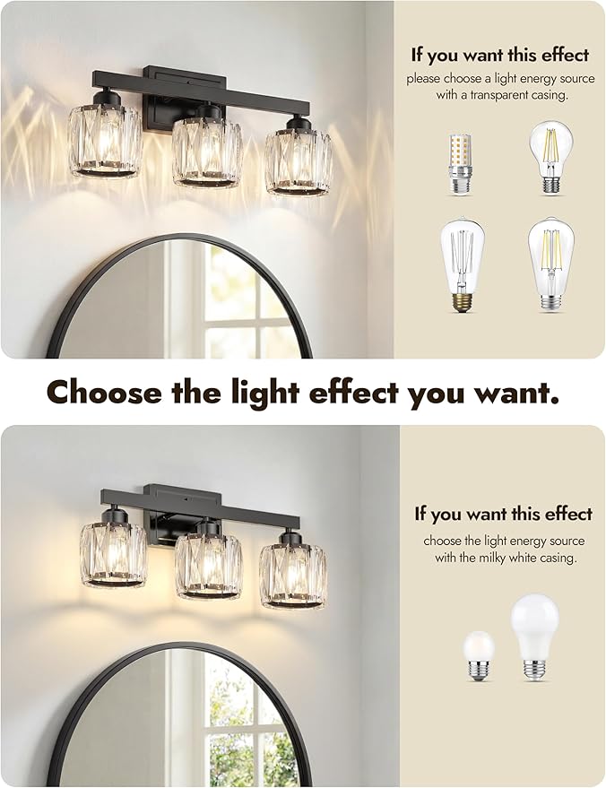 VOLISUN Crystal Vanity Lights for Bathroom, 3 Light Bathroom Vanity Light, Modern Matte Black Bathrooms Light Over Mirror, Black Bathrooms Lights Fixtures-UL Certificated(Exclude Bulb)