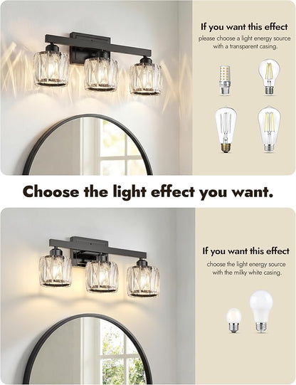 VOLISUN Crystal Vanity Lights for Bathroom, 3 Light Bathroom Vanity Light, Modern Matte Black Bathrooms Light Over Mirror, Black Bathrooms Lights Fixtures-UL Certificated(Exclude Bulb)