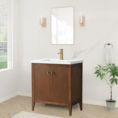 HOMEBEYOND 30" Bathroom Vanity with Ceramic Sink, Solid Wood Free-Standing Vanities Cabinet, Ceramic Top, Golden Brushed Handware & Soft Closing Door, Walnut