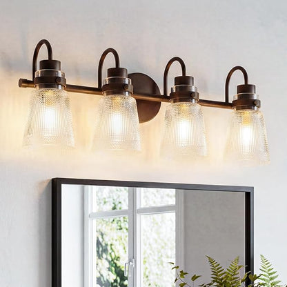 Vintage Farmhouse Vanity Wall Sconce Lighting, 4-Light Oil Rubbed Bronze Bathroom Vanity Light Over Mirror with Clear Striped Glass Shade, 25.7" Retro Wall Lamp for Bedroom Living Room