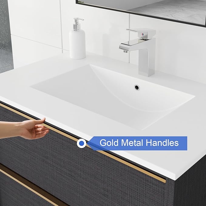 24 Inch Bathroom Vanity with Sink, Floating Vanity Bathroom, Modern Wall Mount Bathroom Cabinet, Double Drawers, Gold Handle, Suitable for All Kinds of bathrooms (with Sink, 24")