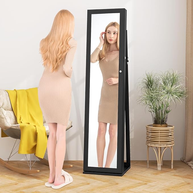 CHARMAID Jewelry Armoire Cabinet with 62" Tall Full Length Mirror, Lockable Standing Jewelry Organizer with Large Storage Capacity, Inside Makeup Mirror, Stable Base, Easy Assembly (Black)